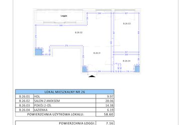 Rzut - Mieszkanie na sprzedaż 3 pokoje o powierzchni 58,6 m² - numer B.26 w Gaja Park