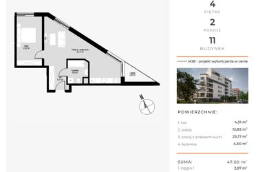 Rzut - Mieszkanie na sprzedaż 2 pokoje o powierzchni 47 m² - numer M38 w Łepkowskiego 11