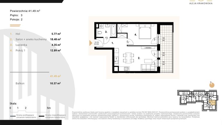 Rzut - Mieszkanie na sprzedaż 2 pokoje o powierzchni 41,49 m² - numer M23 w Aleja Krakowska 201