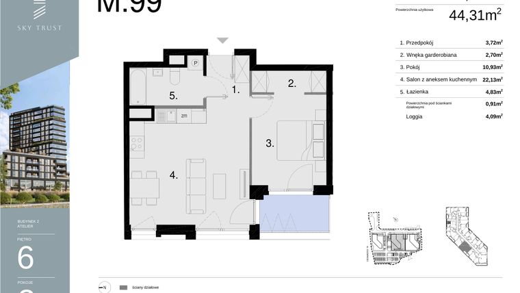 Rzut - Mieszkanie na sprzedaż 2 pokoje o powierzchni 45,22 m² - numer M99 w Sky Trust etap II