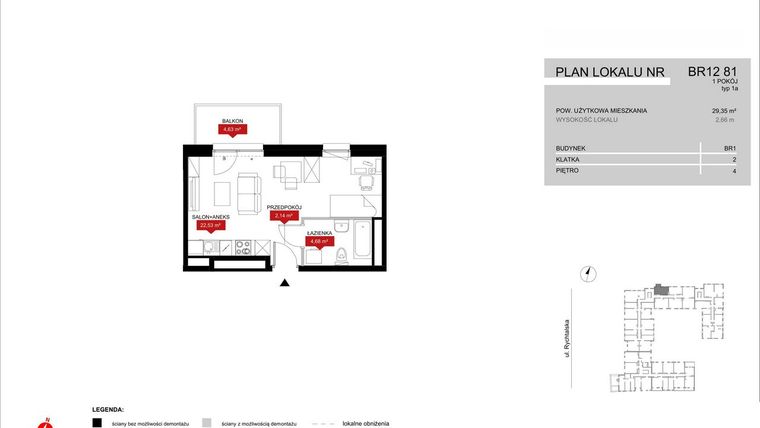 Rzut - Mieszkanie na sprzedaż 1 pokój o powierzchni 29,35 m² - numer BR12/81 w Browary Wrocławskie 2
