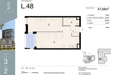 Rzut - Mieszkanie na sprzedaż 2 pokoje o powierzchni 47,68 m² - numer L48 w Sky Trust etap II - apartamenty inwestycyjne 23% VAT PRS