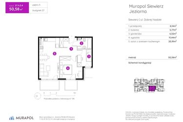 Rzut - Mieszkanie na sprzedaż 2 pokoje o powierzchni 50,58 m² - numer 27.A.3.4 w Murapol Siewierz Jeziorna bud. 27 i 28