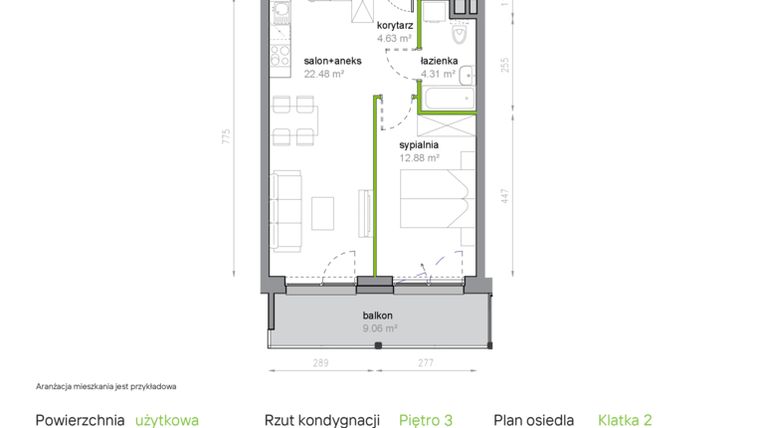 Rzut - Mieszkanie na sprzedaż 2 pokoje o powierzchni 44,3 m² - numer K2/3/14 w Piękna Vita