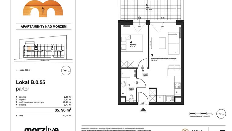 Rzut - Mieszkanie na sprzedaż 2 pokoje o powierzchni 35,96 m² - numer B.0.55 wykończone pod klucz w Morzlive