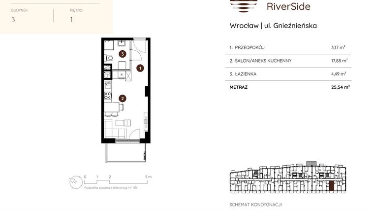Rzut - Mieszkanie na sprzedaż 1 pokój o powierzchni 25,54 m² - numer 3.A.1.05 w Murapol RiverSide