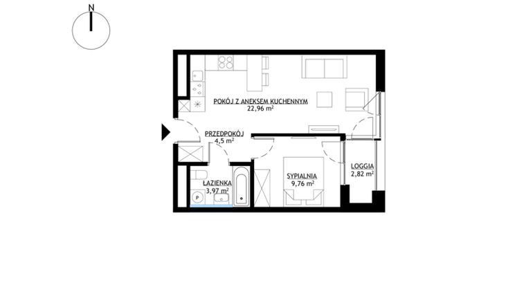Rzut - Mieszkanie na sprzedaż 2 pokoje o powierzchni 41,19 m² - numer M68 w KrakoVska etap 2