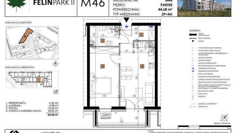 Rzut - Mieszkanie na sprzedaż 2 pokoje o powierzchni 44,7 m² - numer M46 w Felin Park II etap 2