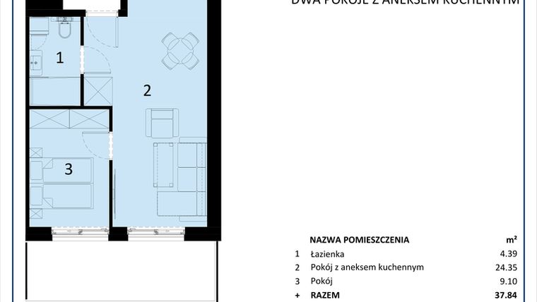 Rzut - Mieszkanie na sprzedaż 2 pokoje o powierzchni 37,85 m² - numer C.104 w Perłowa Przystań - Sianożęty - etap III