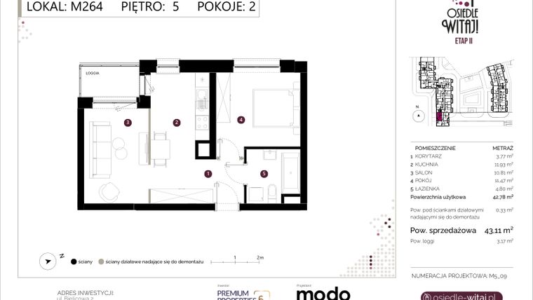 Rzut - Mieszkanie na sprzedaż 2 pokoje o powierzchni 43,11 m² - numer M264 w Osiedle Witaj etap II