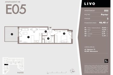 Rzut - Mieszkanie na sprzedaż 2 pokoje o powierzchni 46,4 m² - numer E05 w Livo