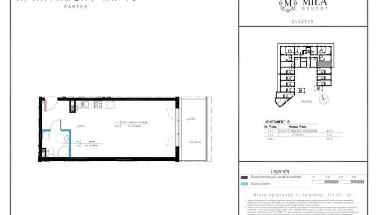Rzut - Mieszkanie na sprzedaż 1 pokój o powierzchni 44,35 m² - numer 19 w Miła Resort