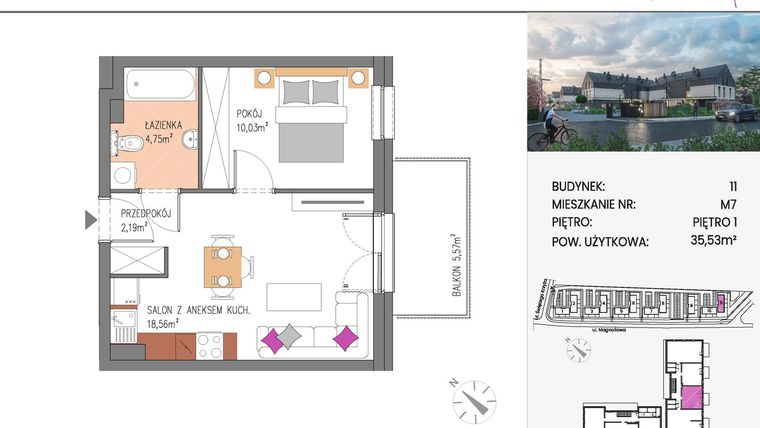 Rzut - Mieszkanie na sprzedaż 2 pokoje o powierzchni 35,53 m² - numer Bud.11-7 w Willa Magnolia
