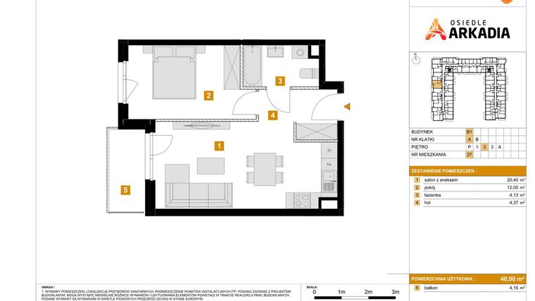 Rzut - Mieszkanie na sprzedaż 2 pokoje o powierzchni 40,9 m² - numer B1.27 w Osiedle Arkadia etap 2