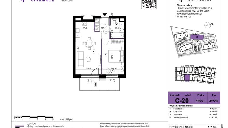 Rzut - Mieszkanie na sprzedaż 2 pokoje o powierzchni 44,14 m² - numer C-20 w Szerokie Residence
