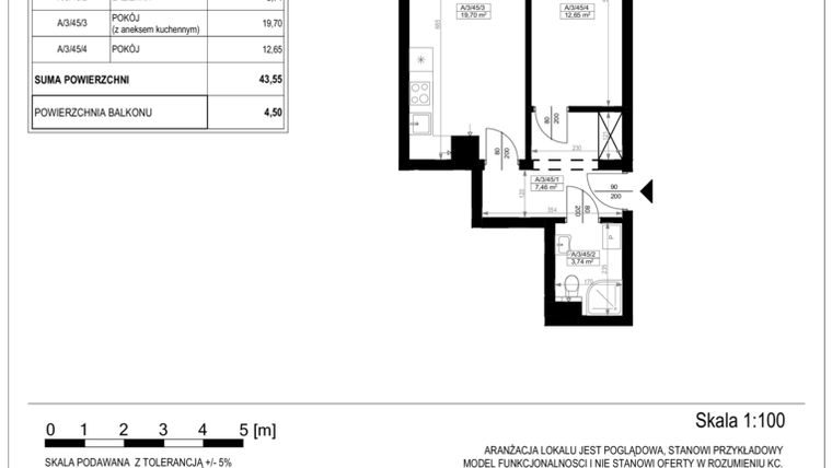 Rzut - Mieszkanie na sprzedaż 2 pokoje o powierzchni 43,55 m² - numer A-3-45 w Zamieszkaj na Rudawskiej 5