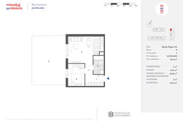 Rzut - Mieszkanie na sprzedaż 2 pokoje o powierzchni 44,83 m² - numer A3.100.M02 w Mieszkaj w mieście - Ogrody Glogera