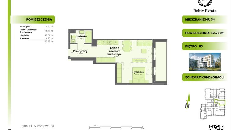 Rzut - Mieszkanie na sprzedaż 2 pokoje o powierzchni 42,75 m² - numer 03.M.54 w Dom Architekta