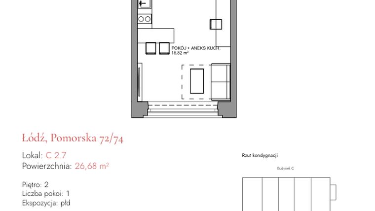 Rzut - Mieszkanie na sprzedaż 1 pokój o powierzchni 26,56 m² - numer C 2.7 w Melody Loft