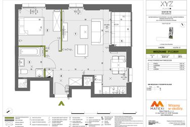 Rzut - Mieszkanie na sprzedaż 2 pokoje o powierzchni 43,81 m² - numer F1.C.09.01 w XYZ Place