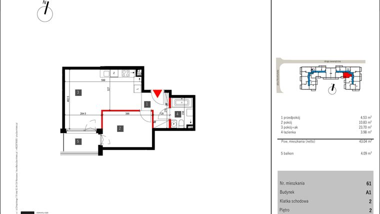 Rzut - Mieszkanie na sprzedaż 2 pokoje o powierzchni 43,04 m² - numer 61 w Mochtyńska 56