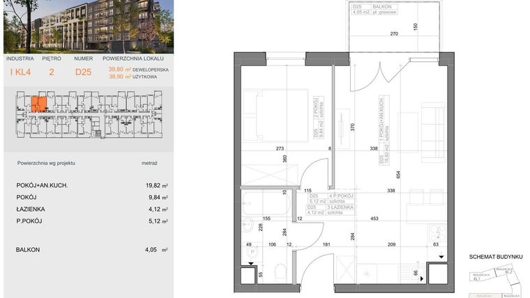 Rzut - Mieszkanie na sprzedaż 2 pokoje o powierzchni 38,9 m² - numer I-D25 w Industria etap I-D