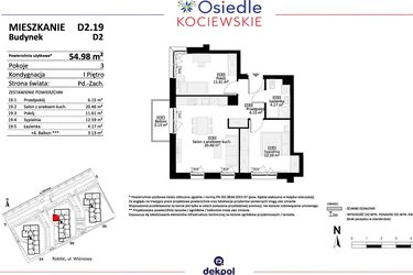 Rzut - Mieszkanie na sprzedaż 3 pokoje o powierzchni 54,98 m² - numer D2.19 w Osiedle Kociewskie etap IV