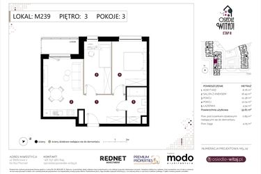 Rzut - Mieszkanie na sprzedaż 3 pokoje o powierzchni 53,5 m² - numer M239 w Osiedle Witaj etap II