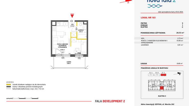 Rzut - Mieszkanie na sprzedaż 1 pokój o powierzchni 26,53 m² - numer 183 w Miasteczko Nova Fala 2