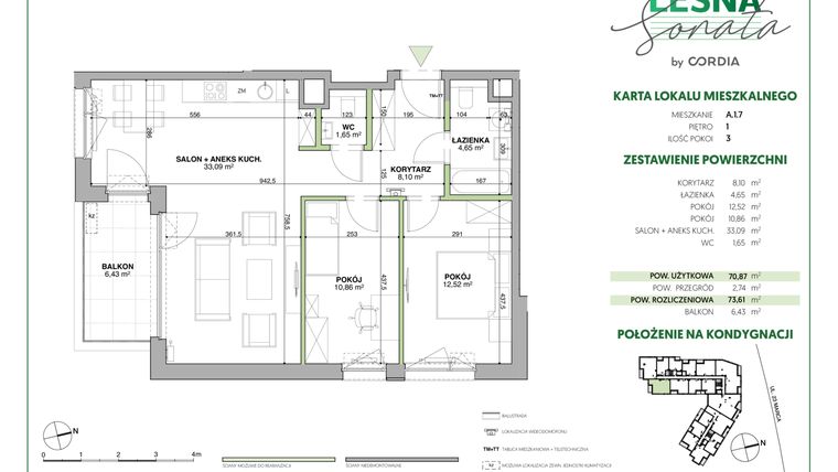 Rzut - Mieszkanie na sprzedaż 3 pokoje o powierzchni 73,62 m² - numer A.1.7 w Leśna Sonata