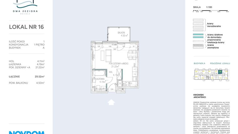Rzut - Mieszkanie na sprzedaż 1 pokój o powierzchni 29,52 m² - numer A.16 w Dwa Jeziora AB