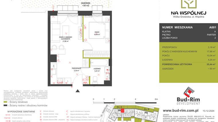 Rzut - Mieszkanie na sprzedaż 2 pokoje o powierzchni 35,44 m² - numer 1 w Na Wspólnej
