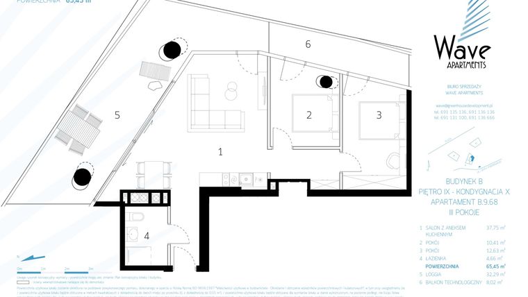 Rzut - Mieszkanie na sprzedaż 3 pokoje o powierzchni 66,09 m² - numer B.9.68 w Wave Międzyzdroje Resort & Spa