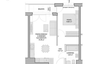 Rzut - Mieszkanie na sprzedaż 2 pokoje o powierzchni 42,4 m² - numer WO/P3/28 w Wiszące Ogrody