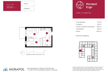 Rzut - Mieszkanie na sprzedaż 1 pokój o powierzchni 33,02 m² - numer 1.C.1.08 w Murapol Ergo