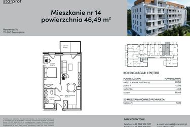 Rzut - Mieszkanie na sprzedaż 2 pokoje o powierzchni 46,49 m² - numer 14 w Odrowców 7C
