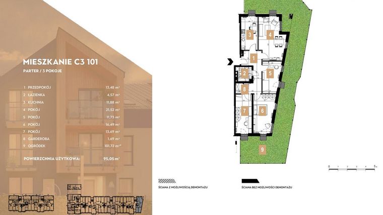 Rzut - Mieszkanie na sprzedaż 4 pokoje o powierzchni 95,05 m² - numer C3.101 w MOTTO Wojnów