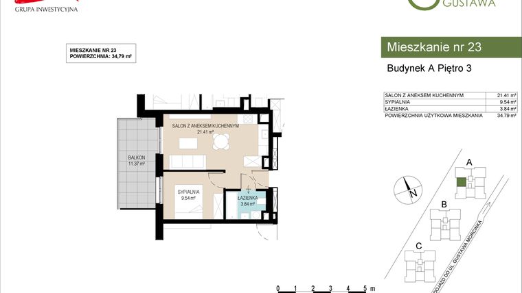 Rzut - Mieszkanie na sprzedaż 2 pokoje o powierzchni 34,79 m² - numer A23 w Wzgórze Gustawa