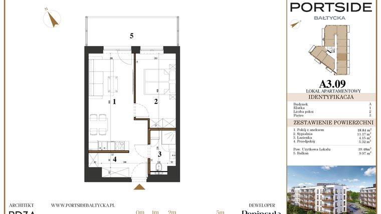 Rzut - Mieszkanie na sprzedaż 2 pokoje o powierzchni 39,48 m² - numer A3.09 w Portside Bałtycka