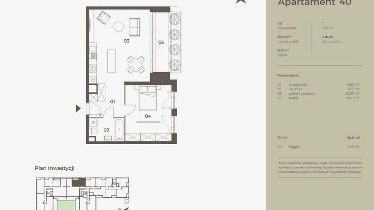 Rzut - Mieszkanie na sprzedaż 2 pokoje o powierzchni 56,51 m² - numer 40 w Monument