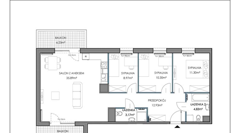 Rzut - Mieszkanie na sprzedaż 4 pokoje o powierzchni 87,54 m² - numer 1E.18B w Osiedle Horizon