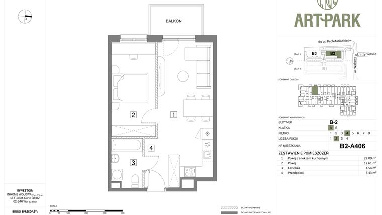 Rzut - Mieszkanie na sprzedaż 2 pokoje o powierzchni 42,58 m² - numer B.2.A406 w Inhome Osiedle ArtPark etap I