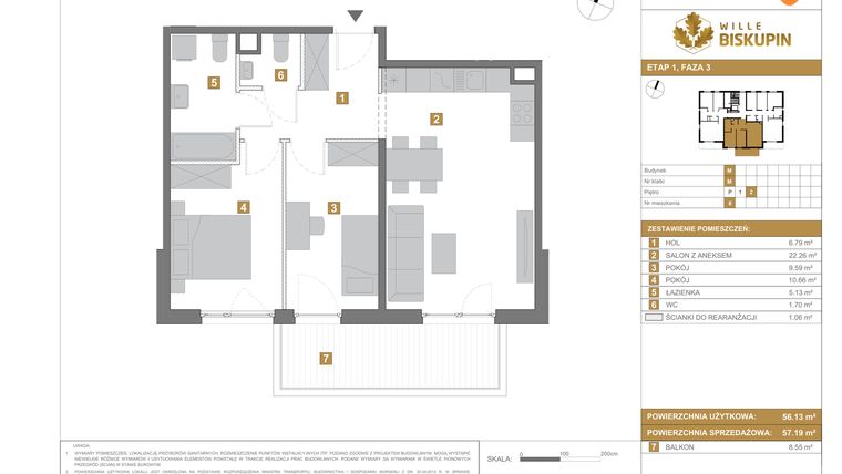 Rzut - Mieszkanie na sprzedaż 3 pokoje o powierzchni 57,19 m² - numer M8 w Wille Biskupin III