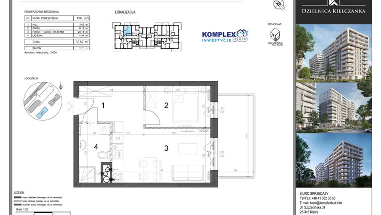 Rzut - Mieszkanie na sprzedaż 2 pokoje o powierzchni 36,87 m² - numer 23 w Dzielnica Kielczanka etap II