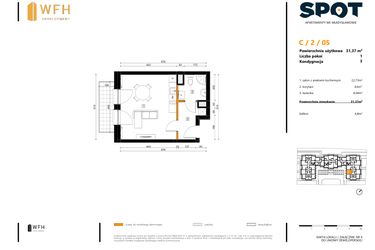Rzut - Mieszkanie na sprzedaż 1 pokój o powierzchni 31,37 m² - numer C.2.05 w SPOT