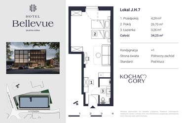 Rzut - Mieszkanie na sprzedaż 1 pokój o powierzchni 34,25 m² - numer 7 w Hotel Bellevue