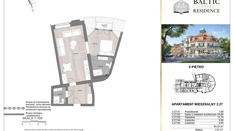 Rzut - Mieszkanie na sprzedaż 2 pokoje o powierzchni 54,33 m² - numer 2.27 w Baltic Luxury Residence