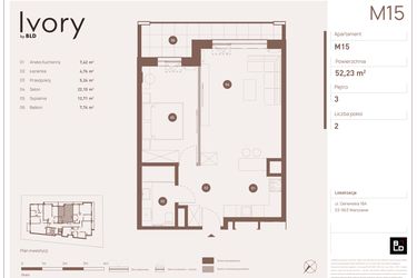 Rzut - Mieszkanie na sprzedaż 2 pokoje o powierzchni 52,23 m² - numer M15 w Ivory