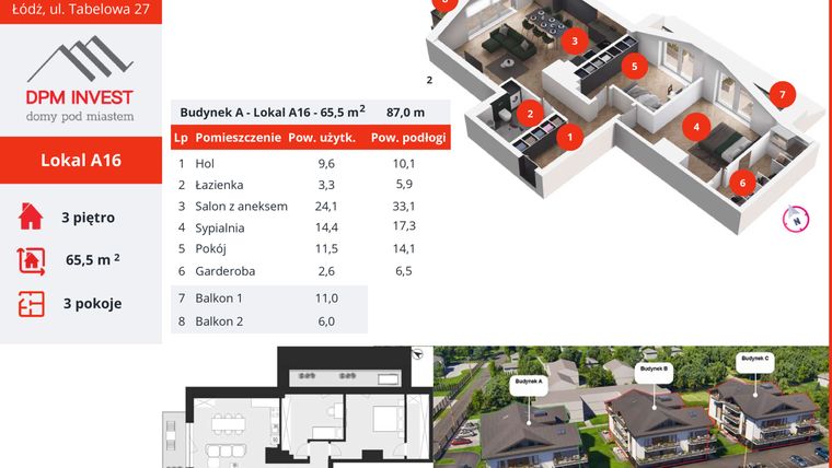 Rzut - Mieszkanie na sprzedaż 3 pokoje o powierzchni 65,5 m² - numer A16 w Apartamenty Tabelowa