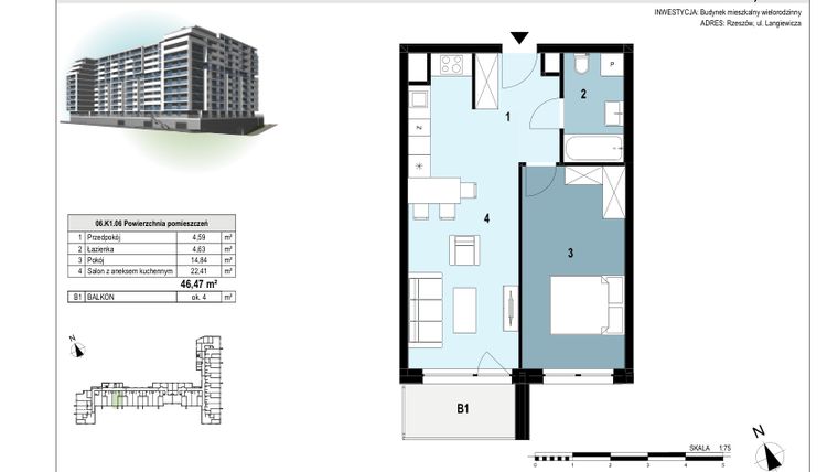 Rzut - Mieszkanie na sprzedaż 2 pokoje o powierzchni 46,47 m² - numer 06.K1.06 w Langiewicza 37
